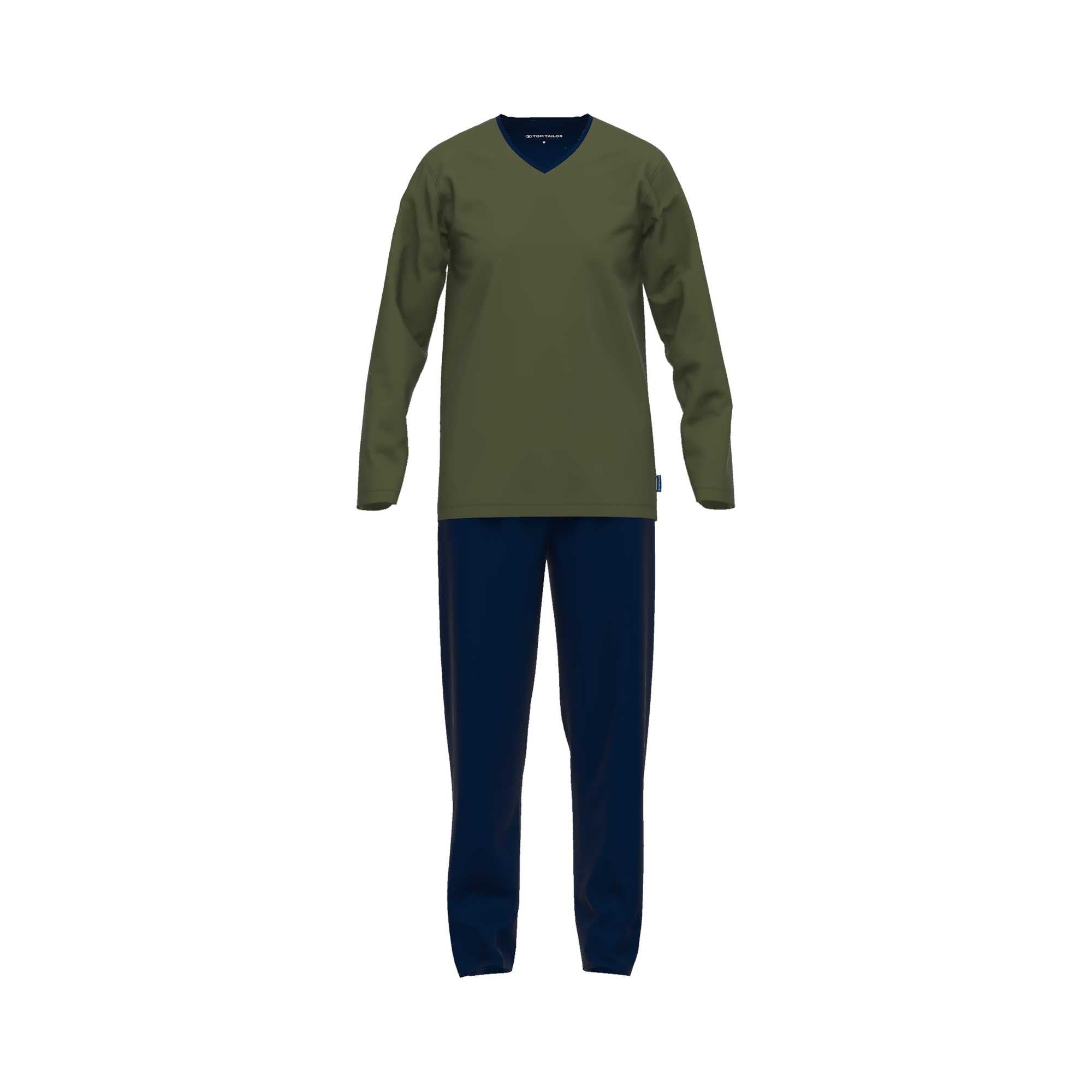 TOM TAILOR Herren Schlafanzug - Pyjama, Baumwolle, V-Ausschnitt, Logo, einfarbig, lang