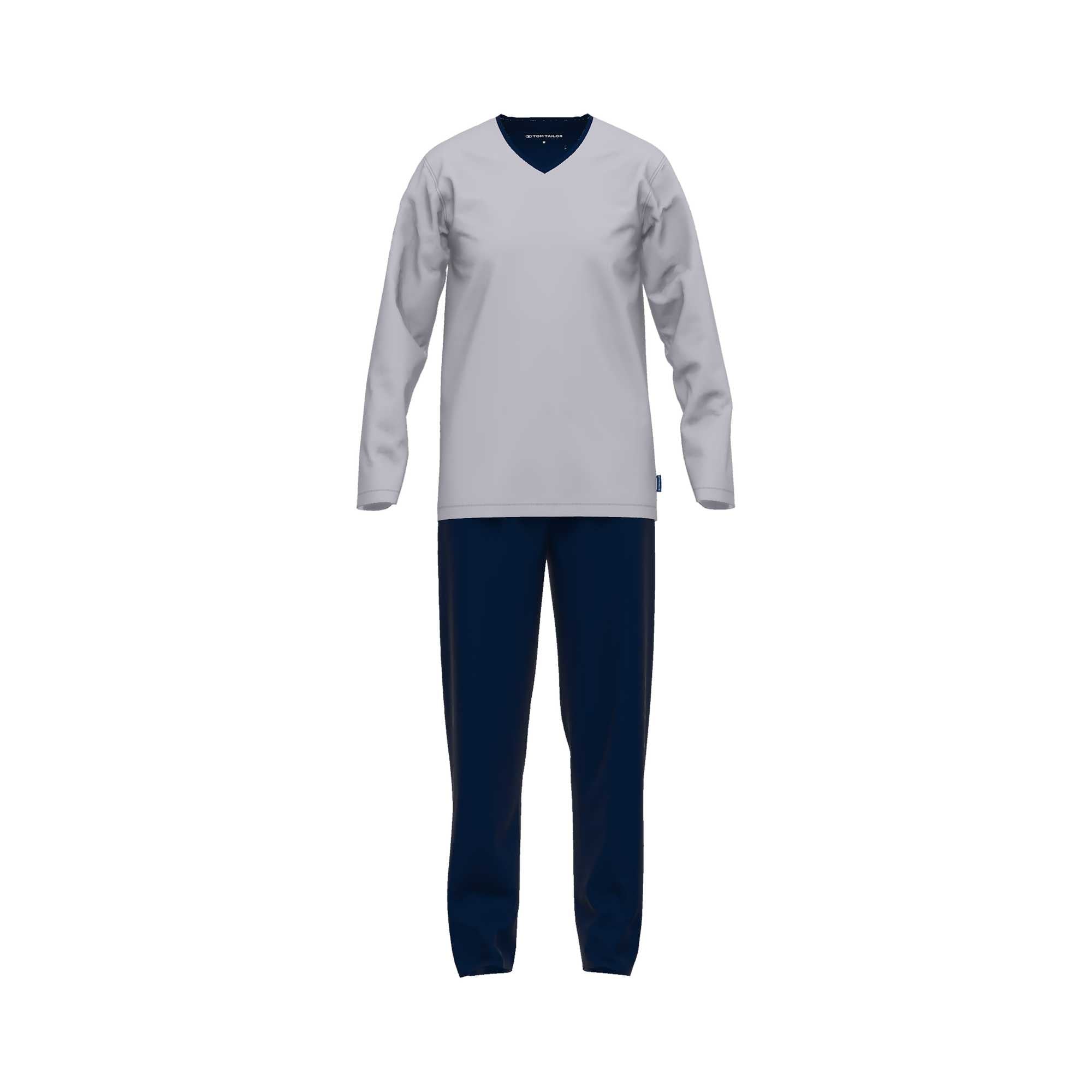 TOM TAILOR Herren Schlafanzug - Pyjama, Baumwolle, V-Ausschnitt, Logo, einfarbig, lang