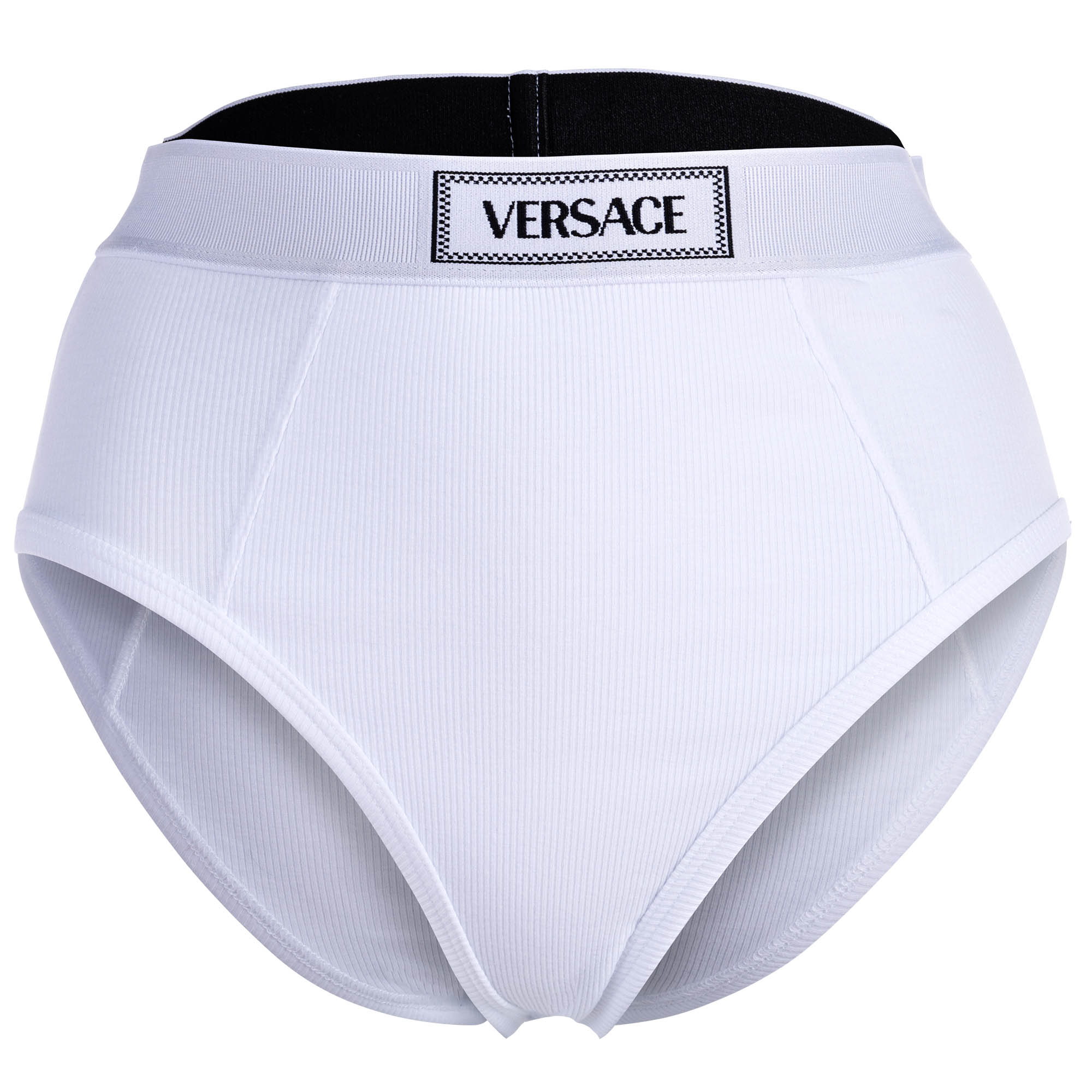 VERSACE Damen Slip Highleg RIB - hoher Logo-Bund, Rippstrick, Baumwoll-Stretch