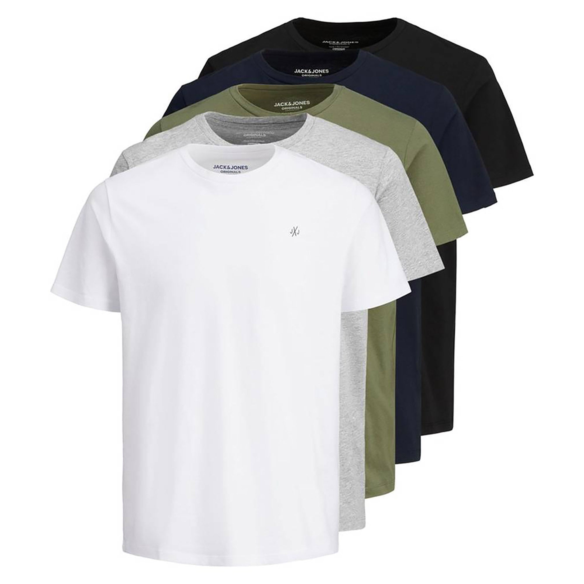 Jack & Jones Men's T-Shirt, 5-Pack - JORJXJ, T-Shirt, Short Sleeve, Round Neck, Cotton, Logo, solid color