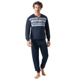 hajo Men’s Long Pyjamas - Klima-Komfort, V-Neck, Cuffs, Stripes, Cotton Blend – 3/4