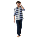 hajo Men’s Long Pyjamas - Klima-Light, Long, V-Neck, Striped, Cotton Blend – 3/4