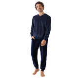 hajo Men’s Long Pyjamas - Velour, Cotton Blend, V-Neck, Striped, Cuffss – 3/4