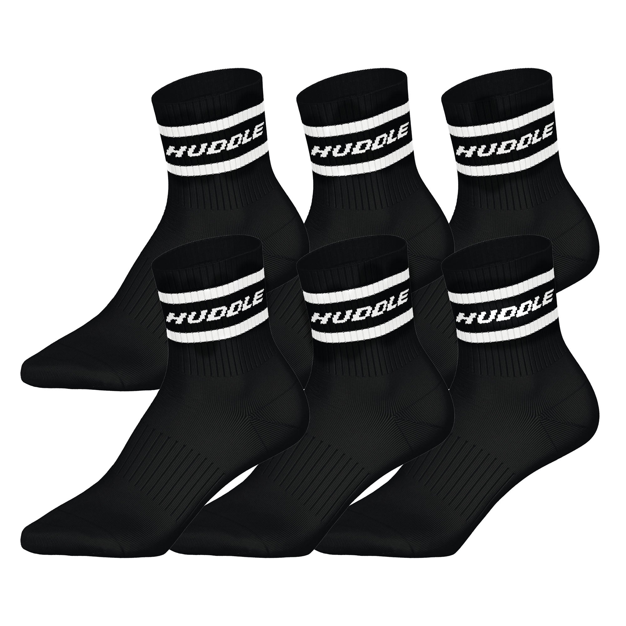 HUDDLE Unisex Socks, 6-Pack – Stripes, Logo, Short Crew, Sports Socks, Solid Color