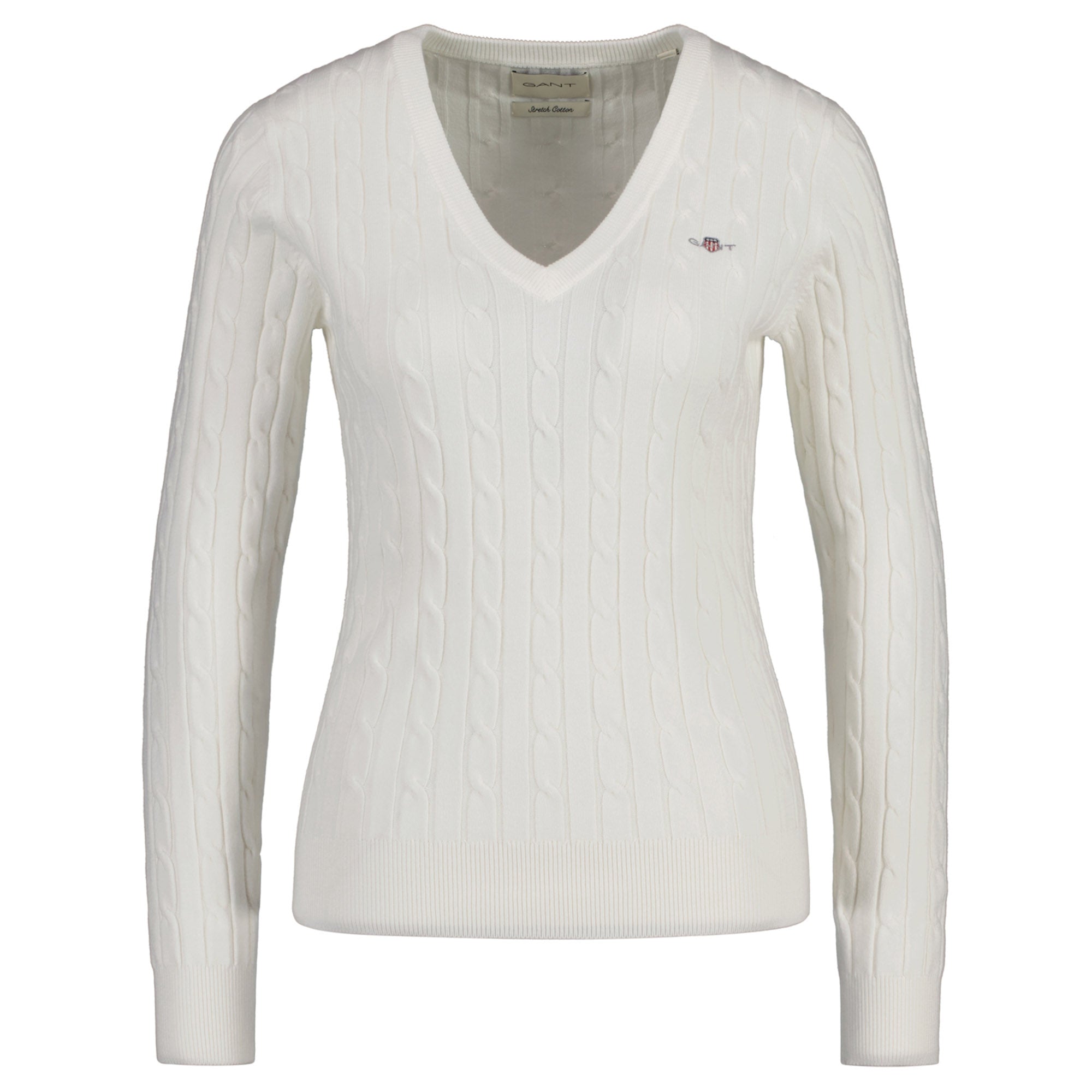 GANT Damen Cable-Strickpullover - STRETCH COTTON CABLE V-NECK, Zopfstrick