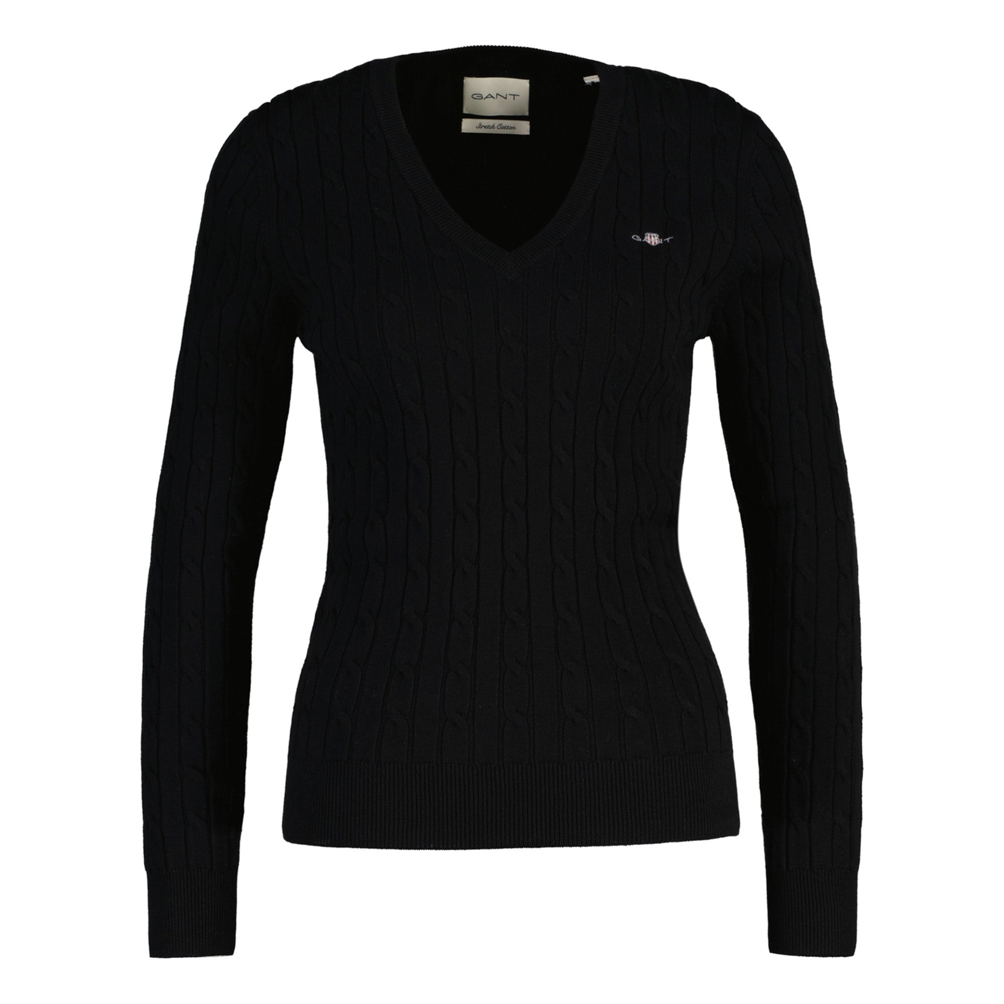 GANT Damen Cable-Strickpullover - STRETCH COTTON CABLE V-NECK, Zopfstrick