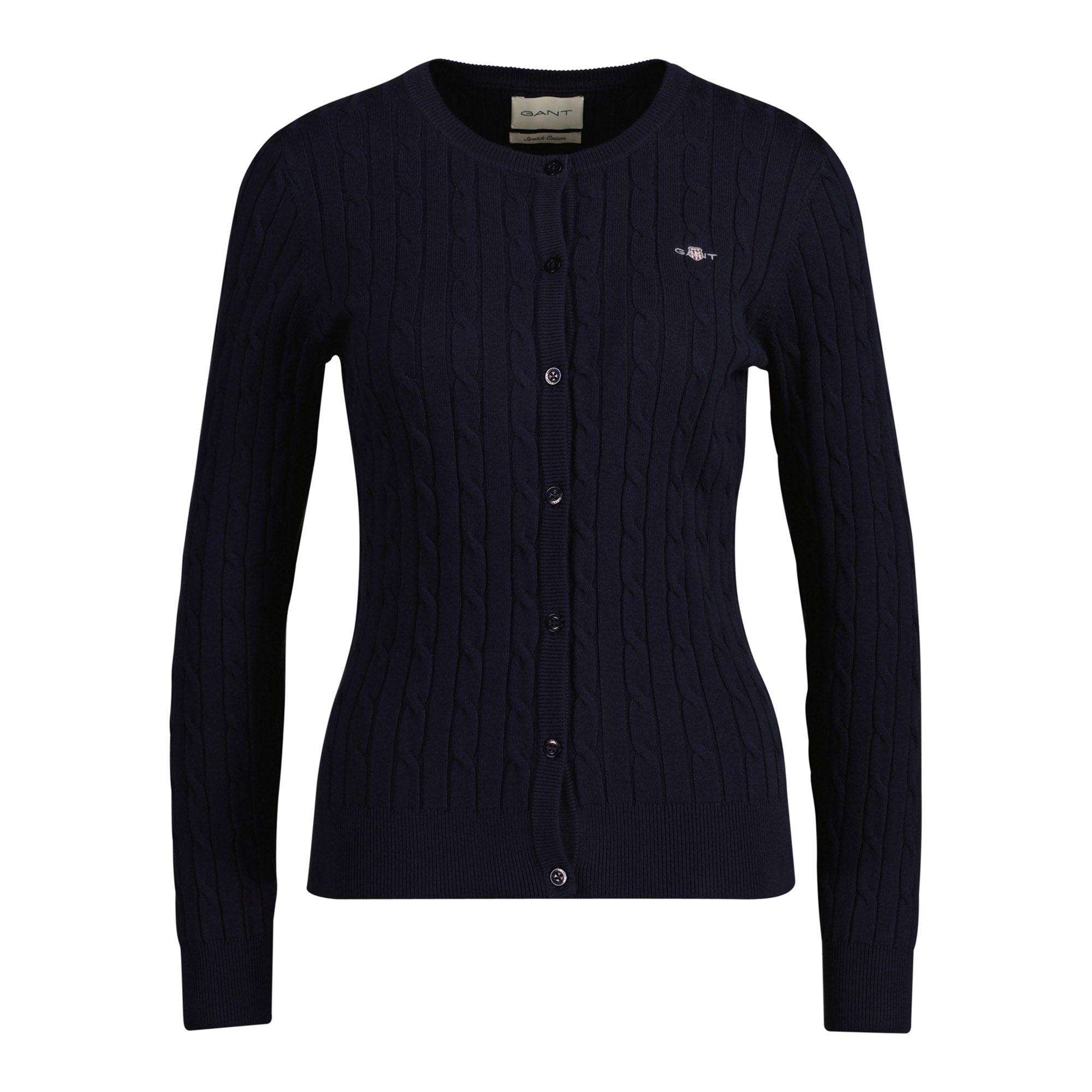 GANT women's cardigan - STRETCH COTTON CABLE CARDIGAN, cable knit, logo