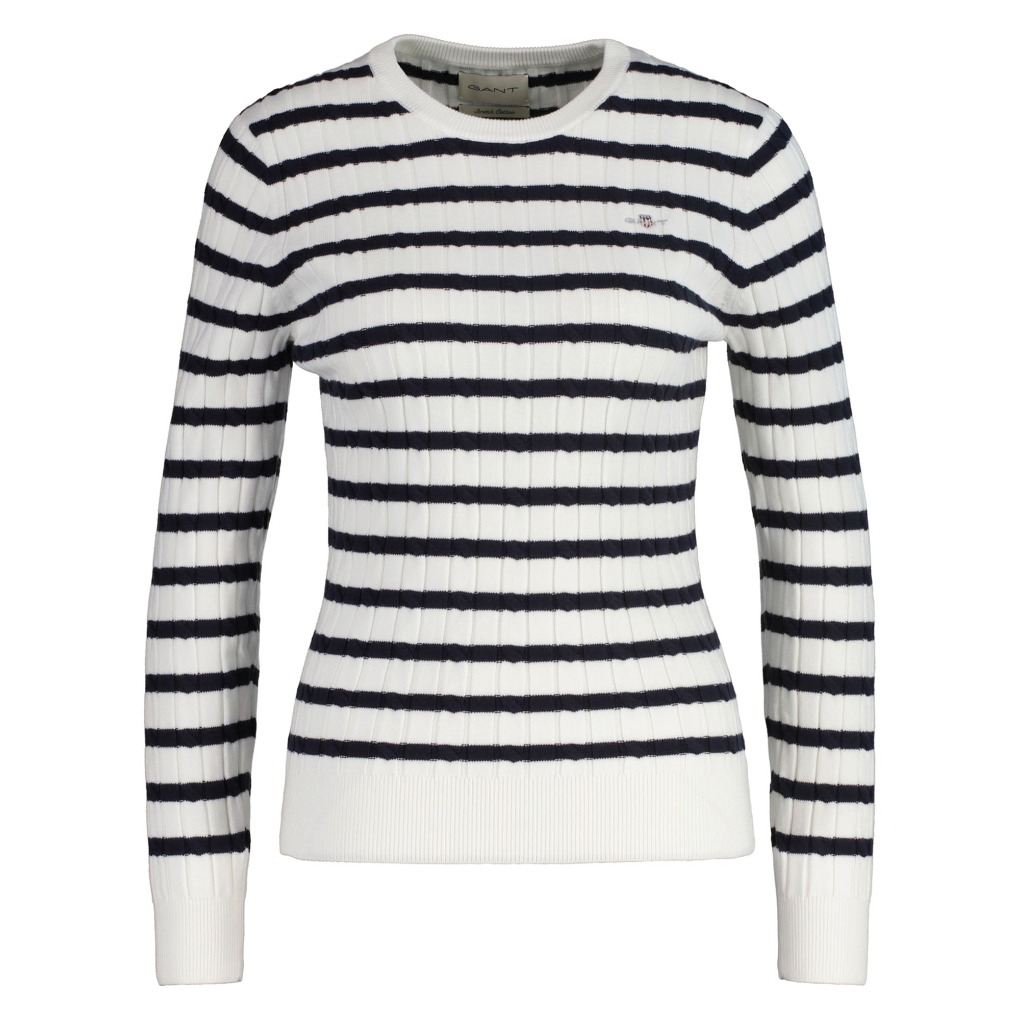 GANT Damen Strickpullover, gestreift - STRETCH COTTON CABLE STRIPE C-NECK