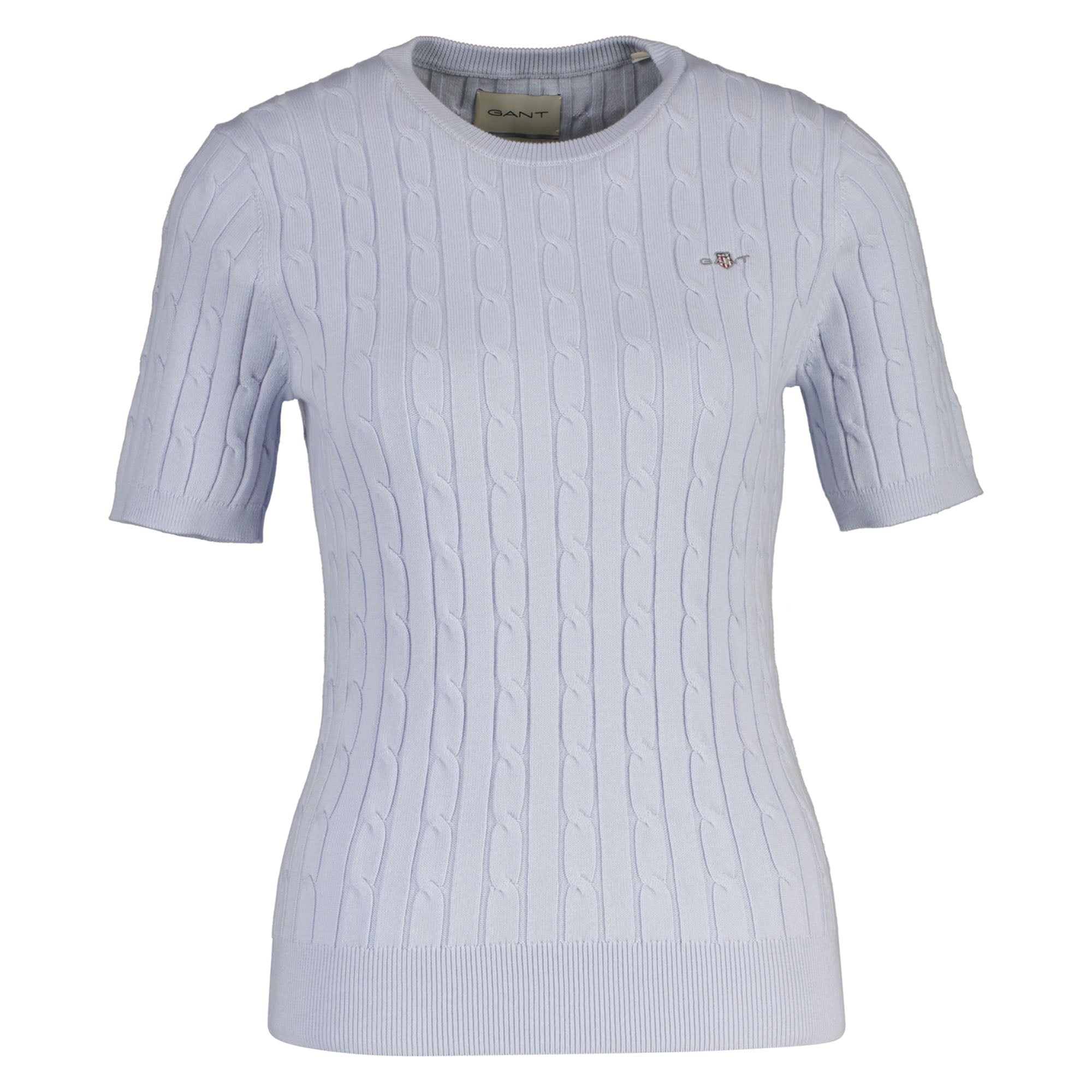 GANT Damen Strick T-Shirt - STRETCH COTTON CABLE C-NECK, Rundhals, Kurzarm, Zopfmuster