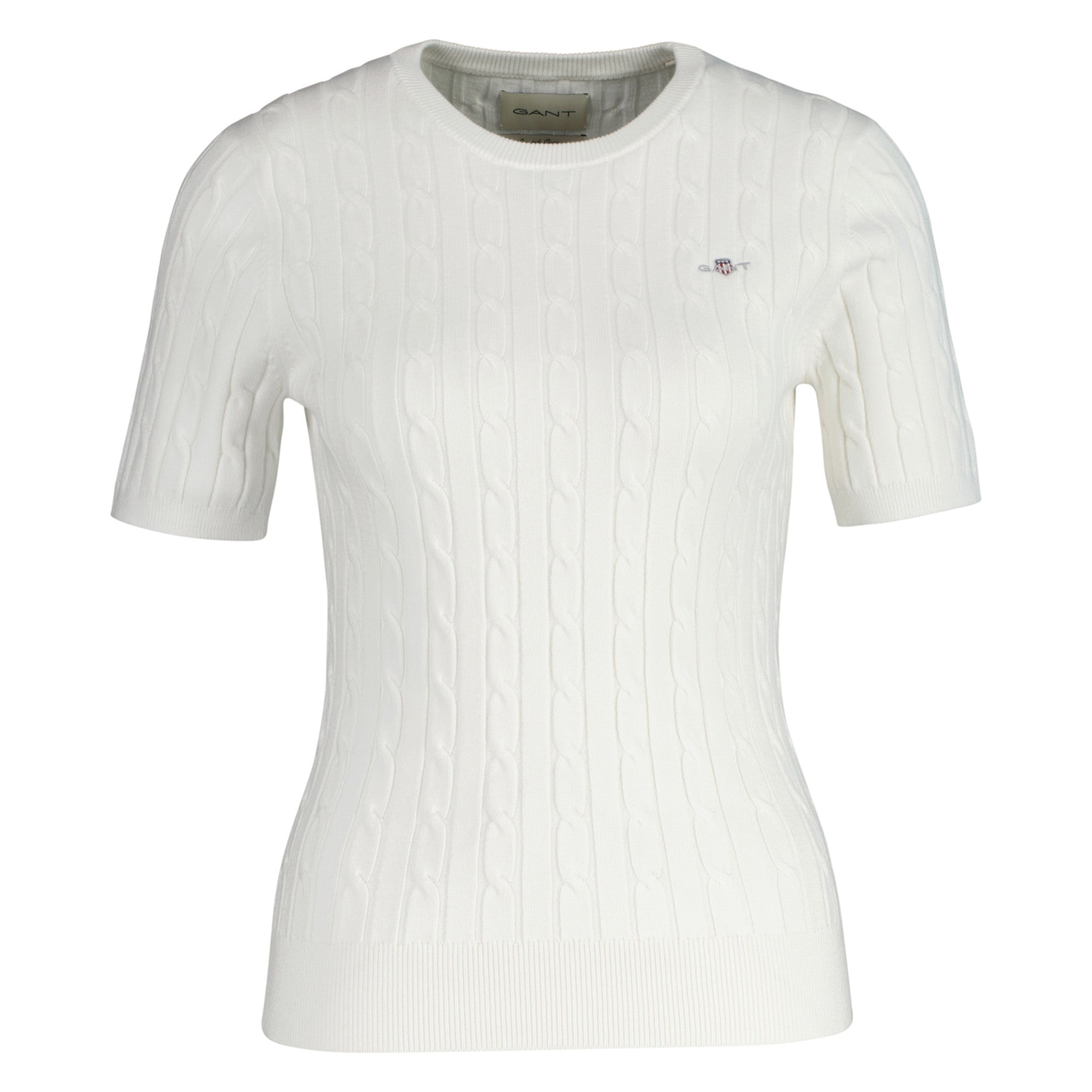 GANT Damen Strick T-Shirt - STRETCH COTTON CABLE C-NECK, Rundhals, Kurzarm, Zopfmuster