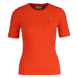 GANT Damen Strick T-Shirt - STRETCH COTTON CABLE C-NECK, Rundhals, Kurzarm, Zopfmuster