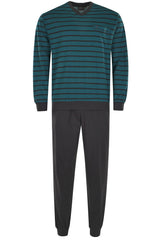 hajo Herren Schlafanzug Set - lang, Bündchen, V-Neck, Klima-Light, Cotton-Mix