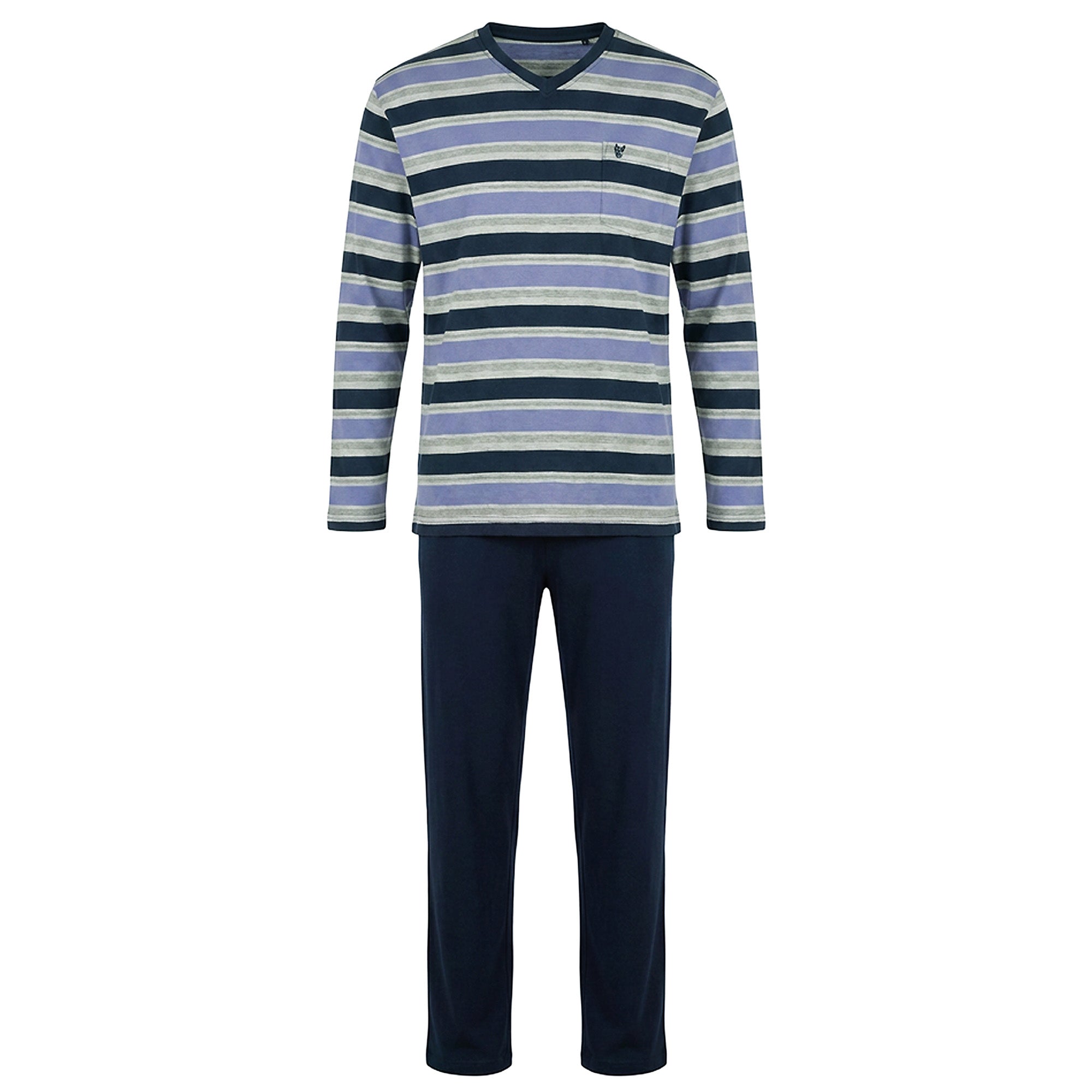 hajo Men’s Long Pyjamas - Klima-Light, Long, V-Neck, Striped, Cotton Blend