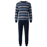 hajo Men’s Long Pyjamas - Climate Terry, Cotton Blend, Crew Neck, Stripes, Cuffs