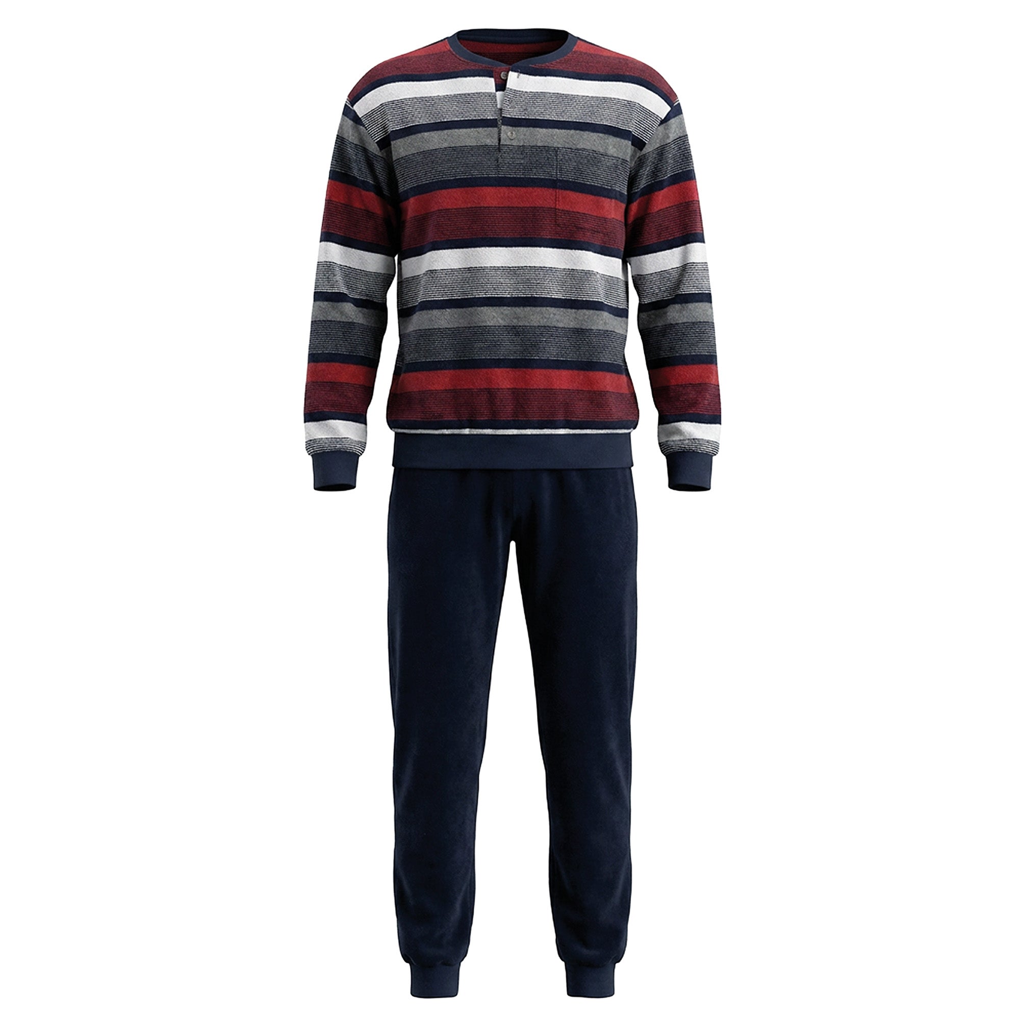 hajo Men’s Long Pyjamas - Terry, Cotton Blend, Button Placket, Stripes, Cuffs