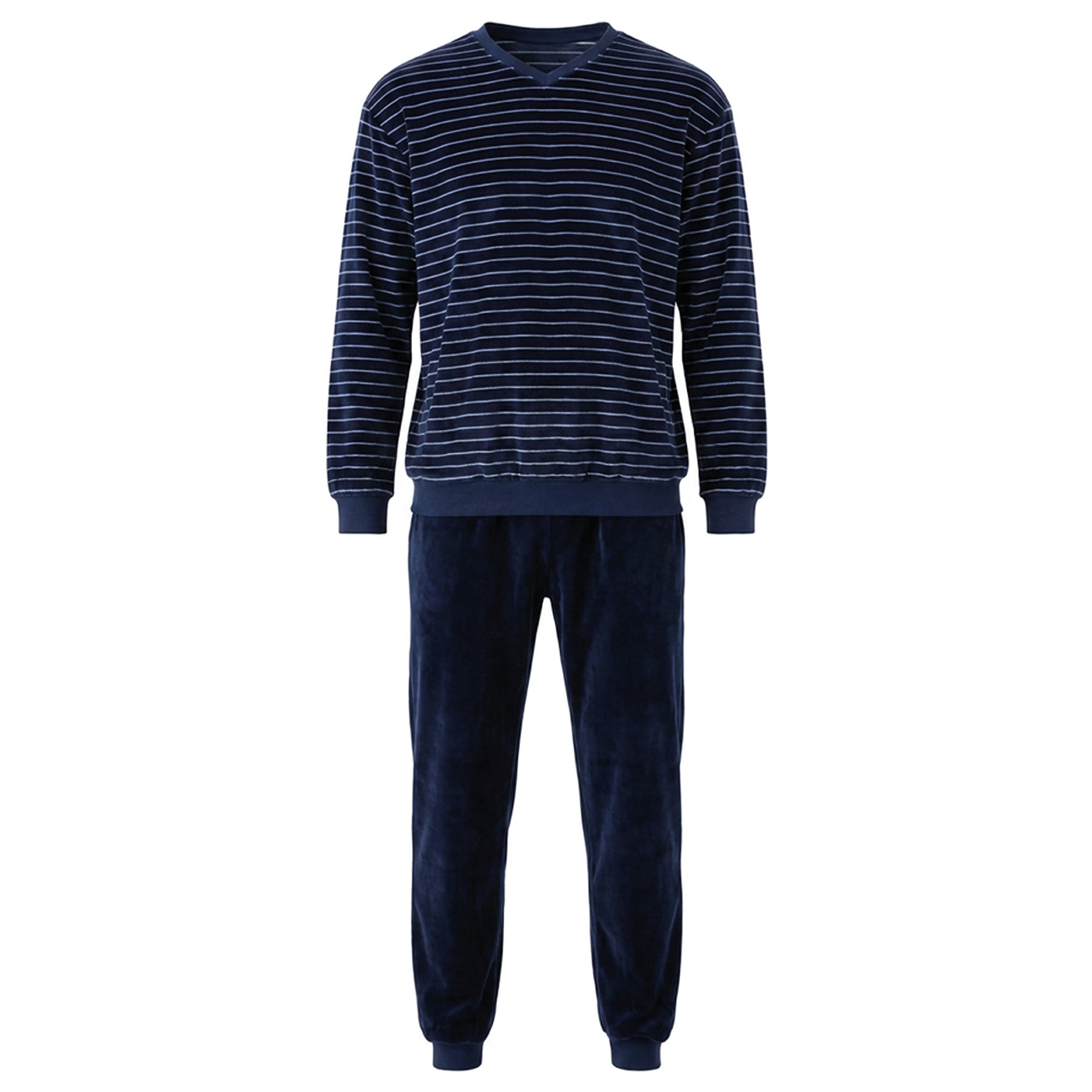 hajo Men’s Long Pyjamas - Velour, Cotton Blend, V-Neck, Striped, Cuffss