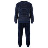 hajo Men’s Long Pyjamas - Velour, Cotton Blend, V-Neck, Striped, Cuffss