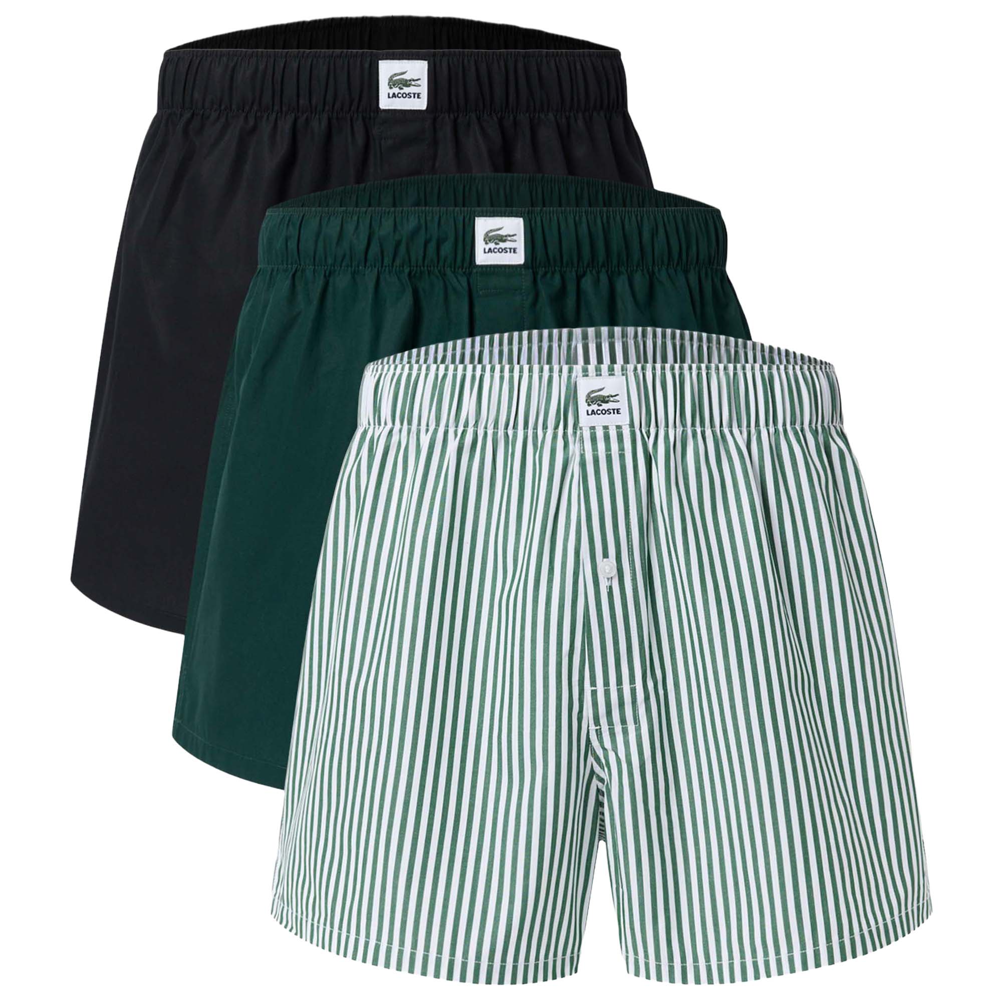 LACOSTE Men’s Woven Boxers, 3-Pack - Striped Cotton Woven Label Boxers, Cotton