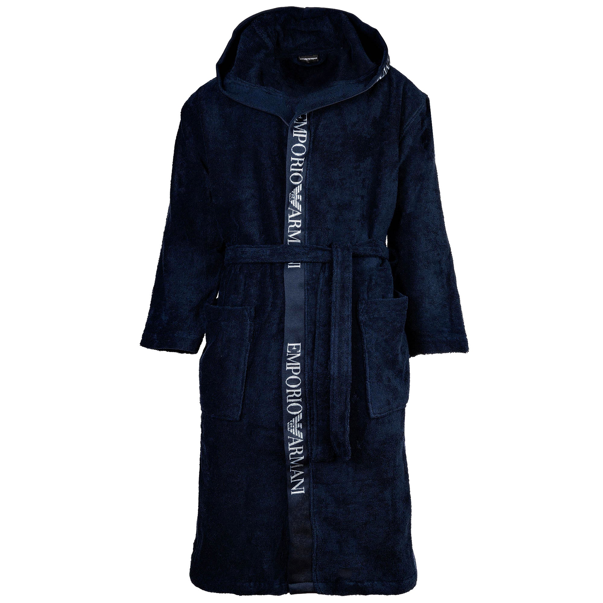 EMPORIO ARMANI Herren Frottier-Bademantel mit Kapuze - SPONGE, Bindegürtel, Baumwolle