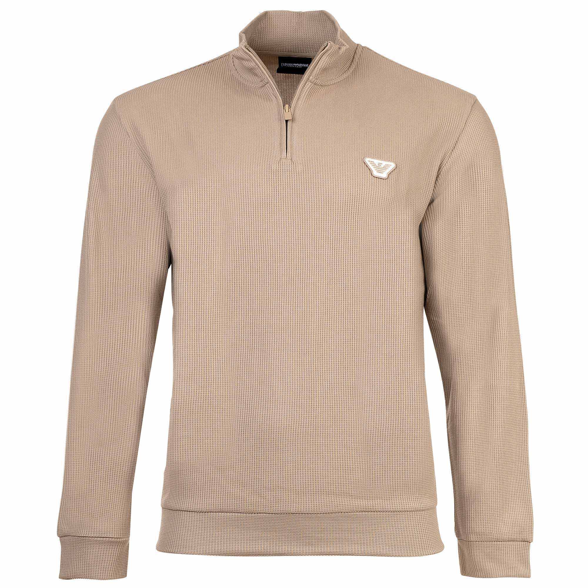 EMPORIO ARMANI Men’s Half-Zip Sweatshirt - WAFFLE TERRY, Waffle Texture, Stand-Up Collar, Cotton Blend