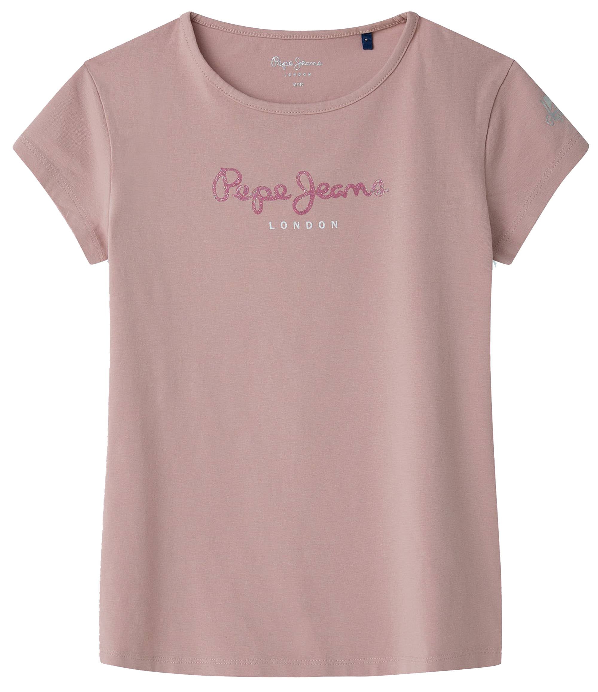 Pepe Jeans Mädchen T-Shirt - HANA GLITTER, Baumwolle, Rundhals, Kurzarm, Glitzer, Logo, einfarbig
