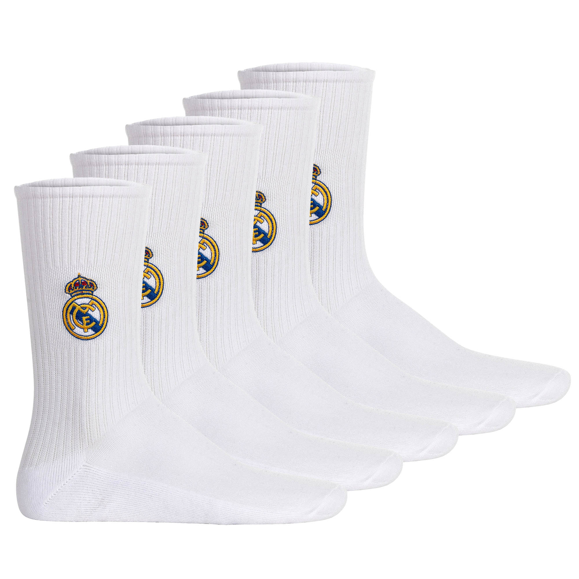 Real Madrid Unisex Socks, 5-Pack – Tennis Embroidery Socks, Emblem Logo embroidered, Cotton Blend, Solid Color