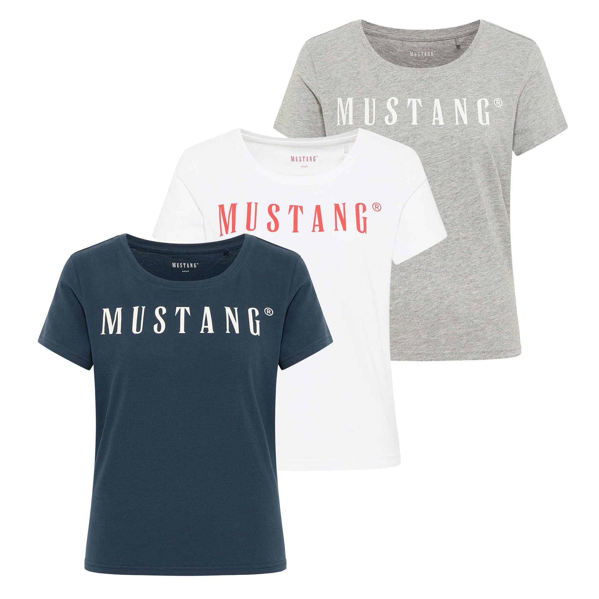 MUSTANG Damen T-Shirt 3er Pack - Alma, Baumwolle, Rundhals, Logo