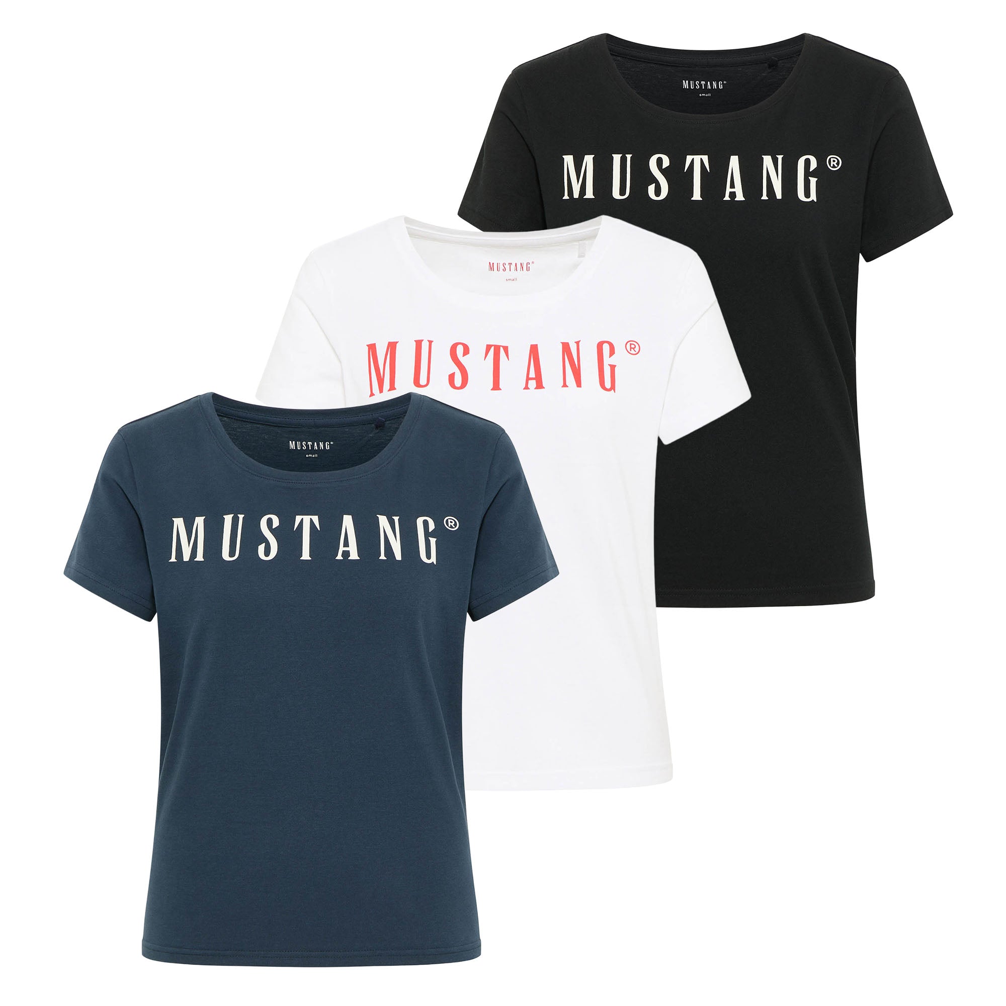 MUSTANG Damen T-Shirt 3er Pack - Alma, Baumwolle, Rundhals, Logo