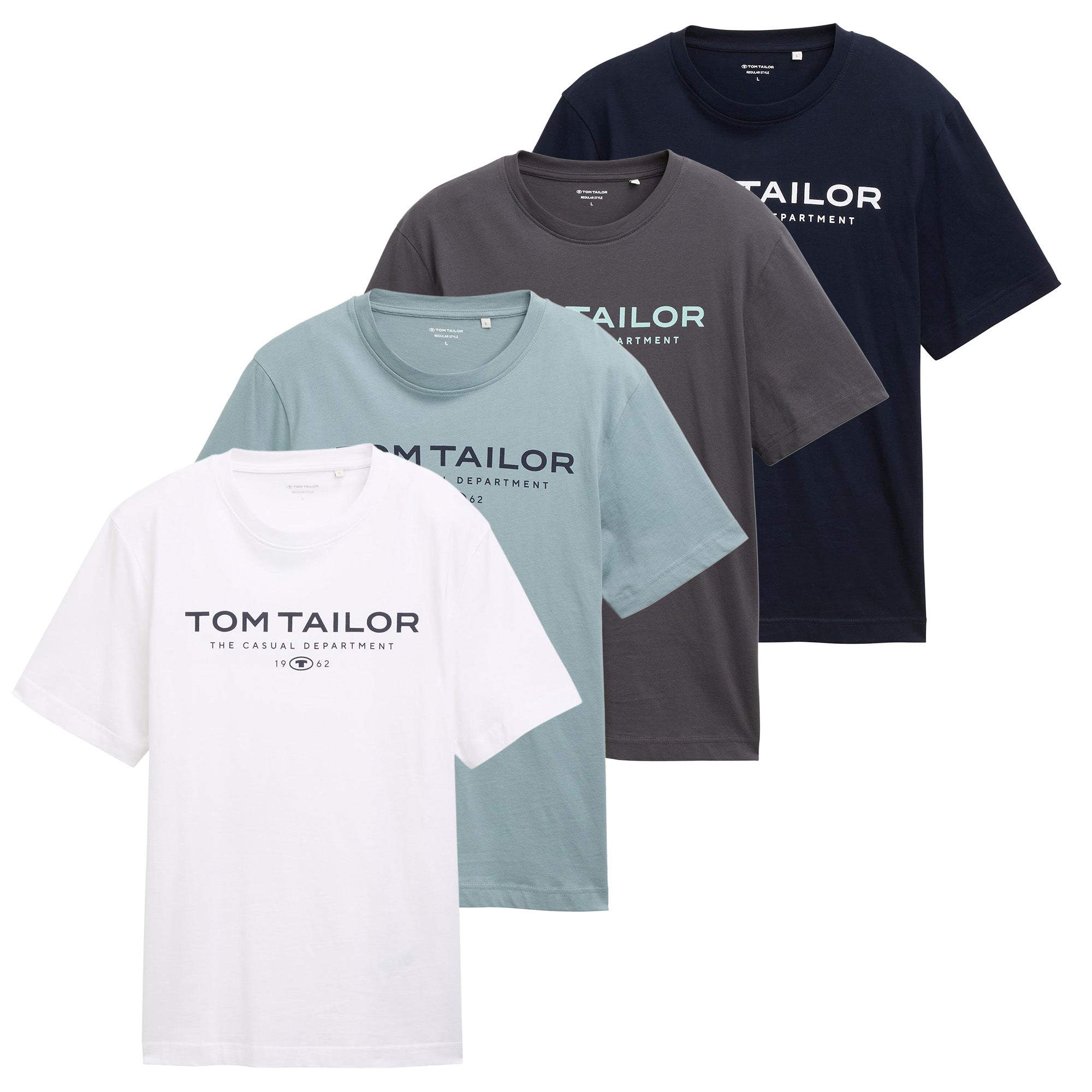 TOM TAILOR Men’s T-Shirt, 4-Pack - T-Shirt with Print, Crew Neck, Regular Fit, Cotton