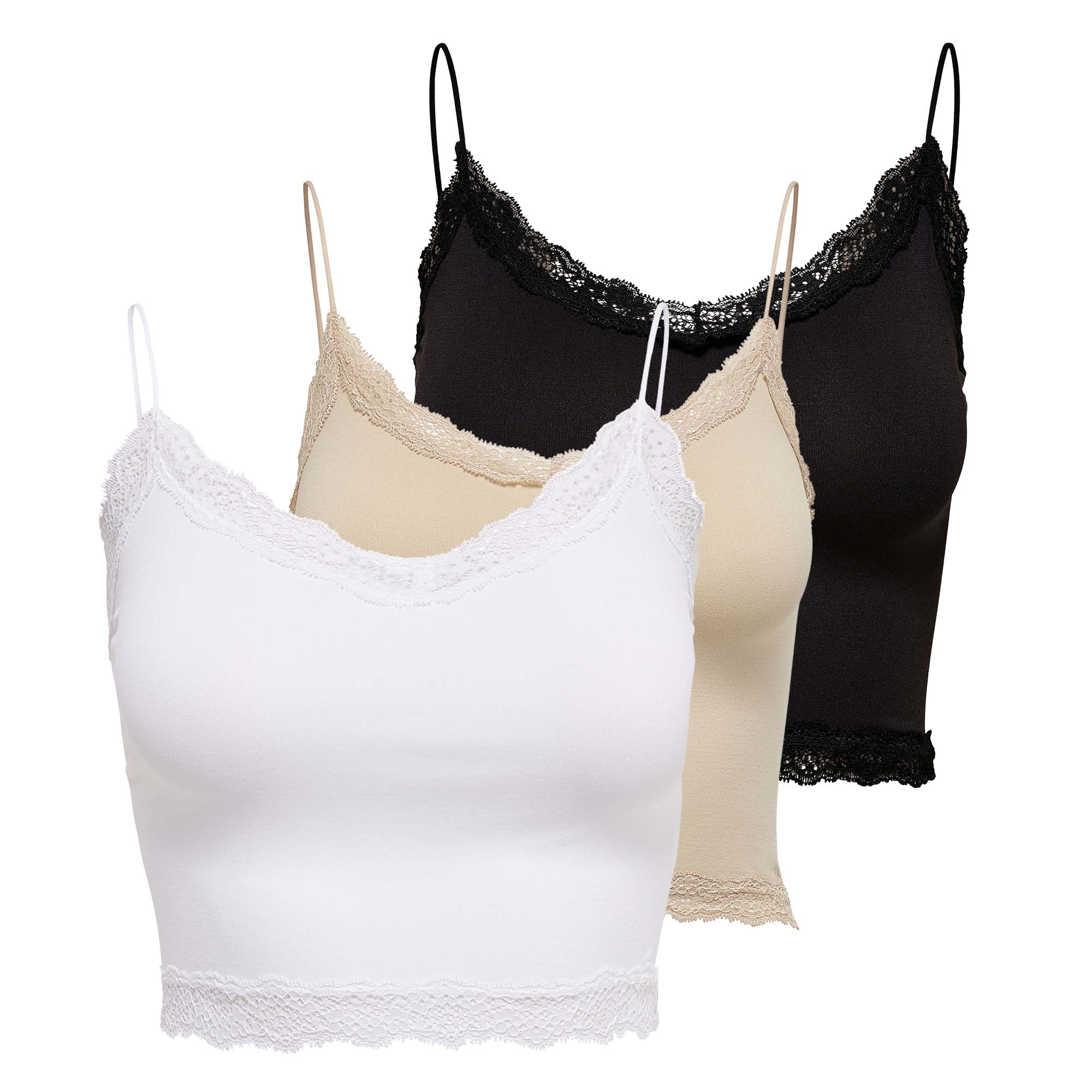 ONLY Damen Cropped-Top 3er Pack - ONLVICKY LACE SEAMLESS CROPPED TOP, Trägertop, Spitze
