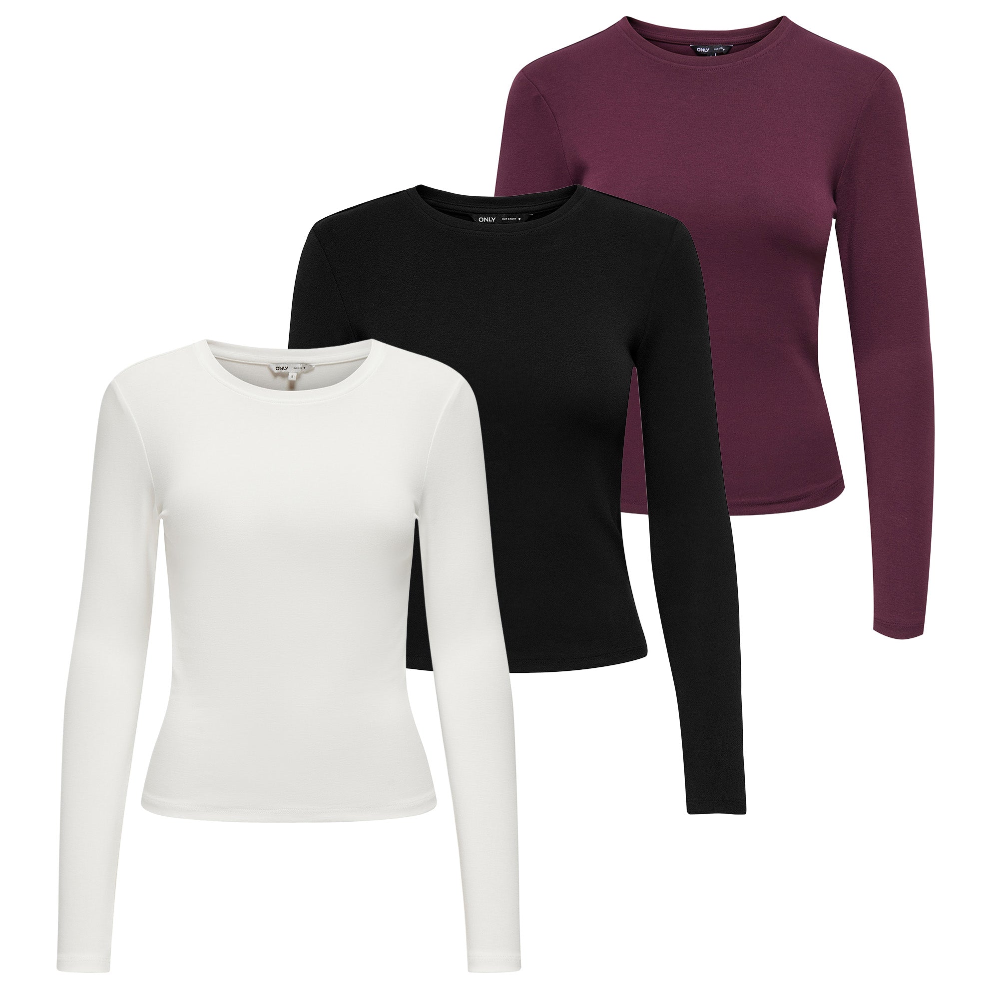 ONLY Women's Long-Sleeved Shirt pack of 3 - ONLRILEY O-NECK TOP, Long Sleeve, Round Neck, Cotton Stretch