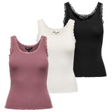 ONLY Damen Top 3er Pack - ONLSARA SHARAI LIFEW TANK TOP, Spitze,  gerippt, Rundhals, Baumwolle