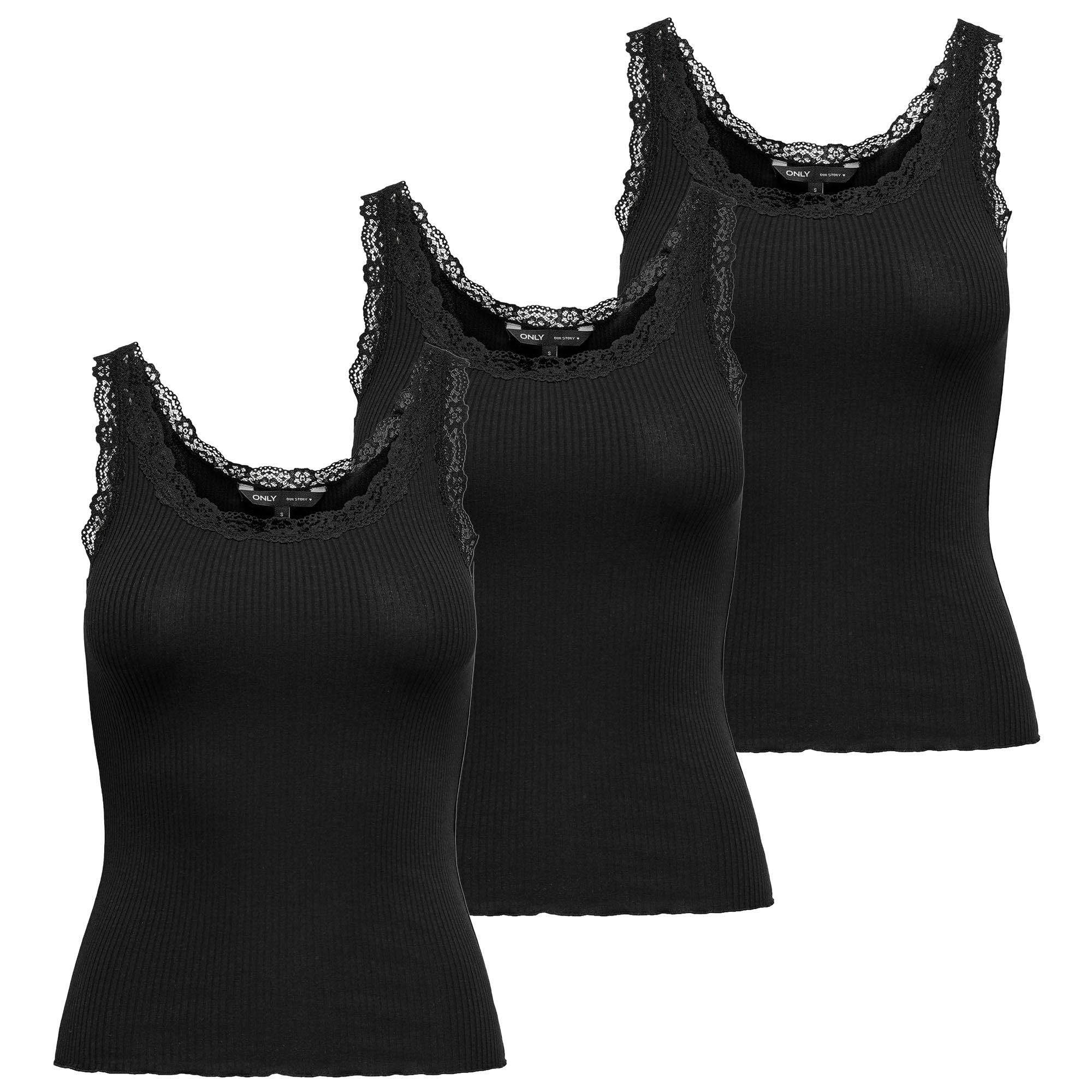 ONLY Damen Top 3er Pack - ONLSARA SHARAI LIFEW TANK TOP, Spitze,  gerippt, Rundhals, Baumwolle