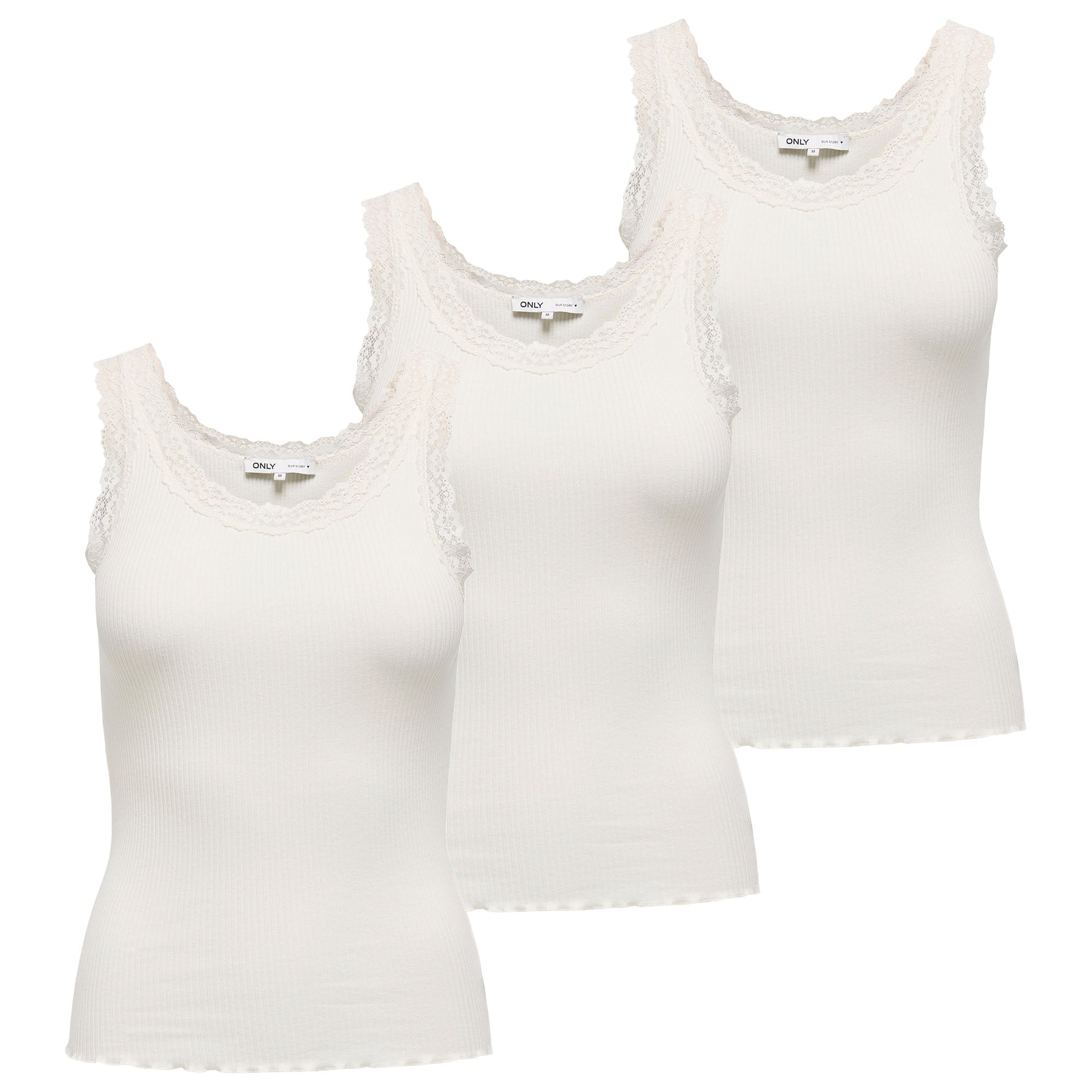 ONLY Damen Top 3er Pack - ONLSARA SHARAI LIFEW TANK TOP, Spitze,  gerippt, Rundhals, Baumwolle