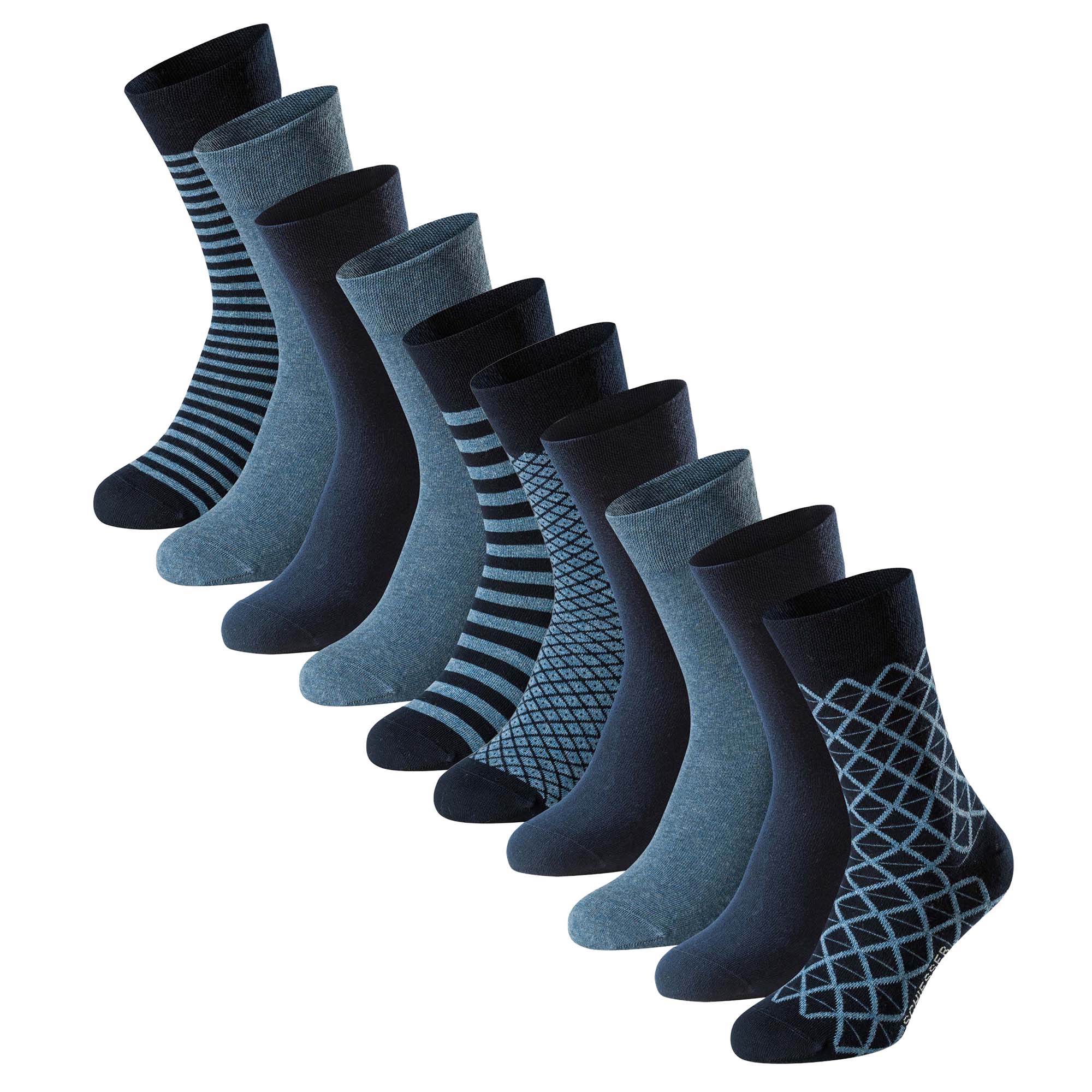 SCHIESSER Herren Socken, 10er Pack - "Bluebird", Baumwoll-Mix, uni/gemustert