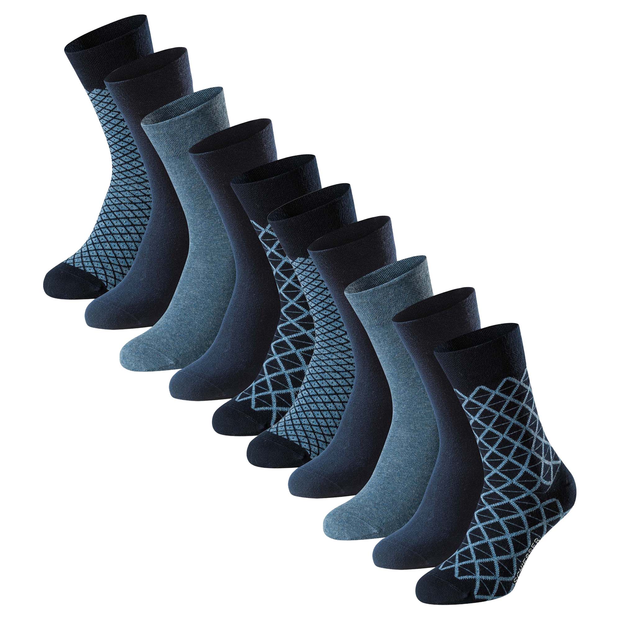 SCHIESSER Herren Socken, 10er Pack - "Bluebird", Baumwoll-Mix, uni/gemustert