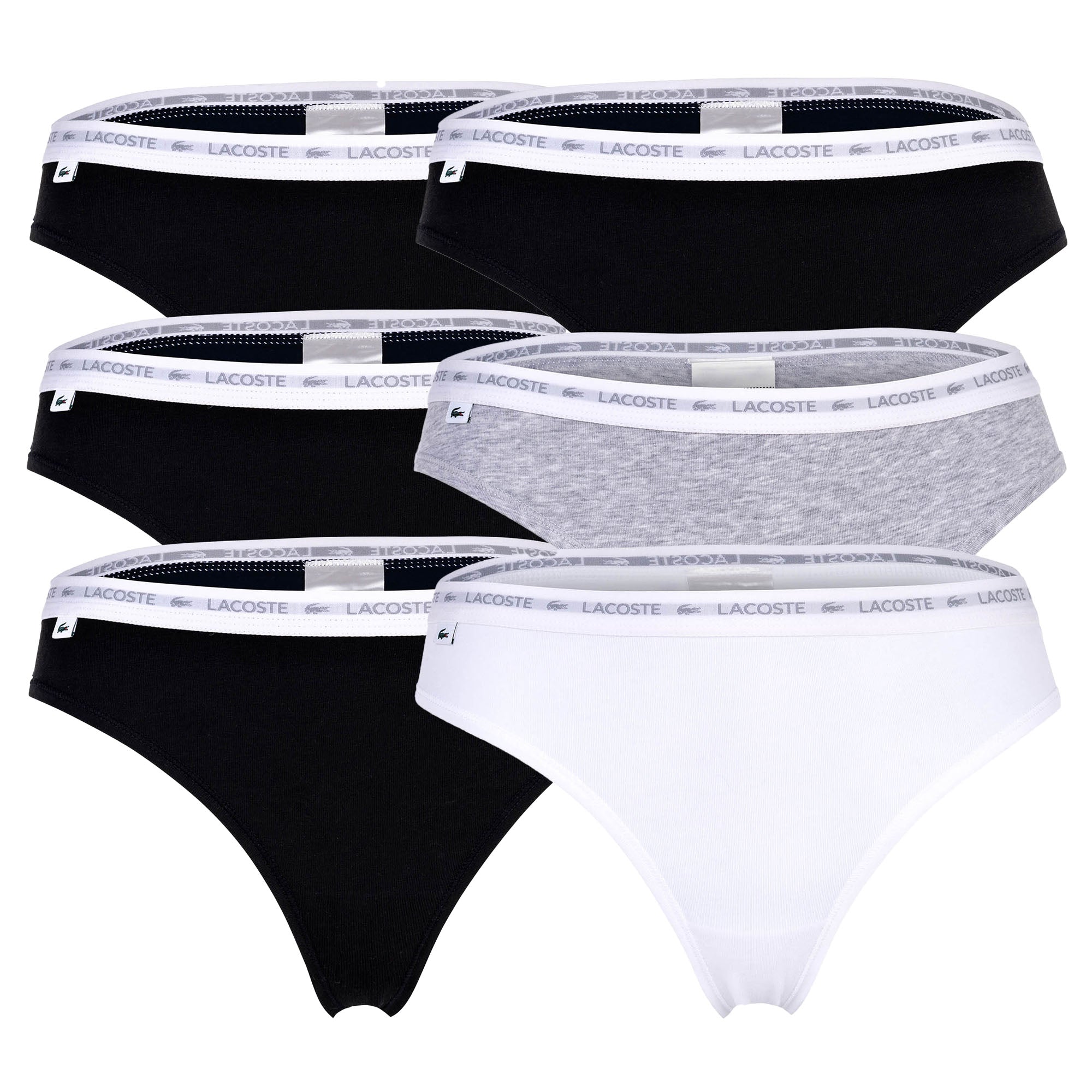 LACOSTE Women's Thongs, 6-Pack - Thong, Underwear, Cotton Stretch, Logo Waistband, Solid Color