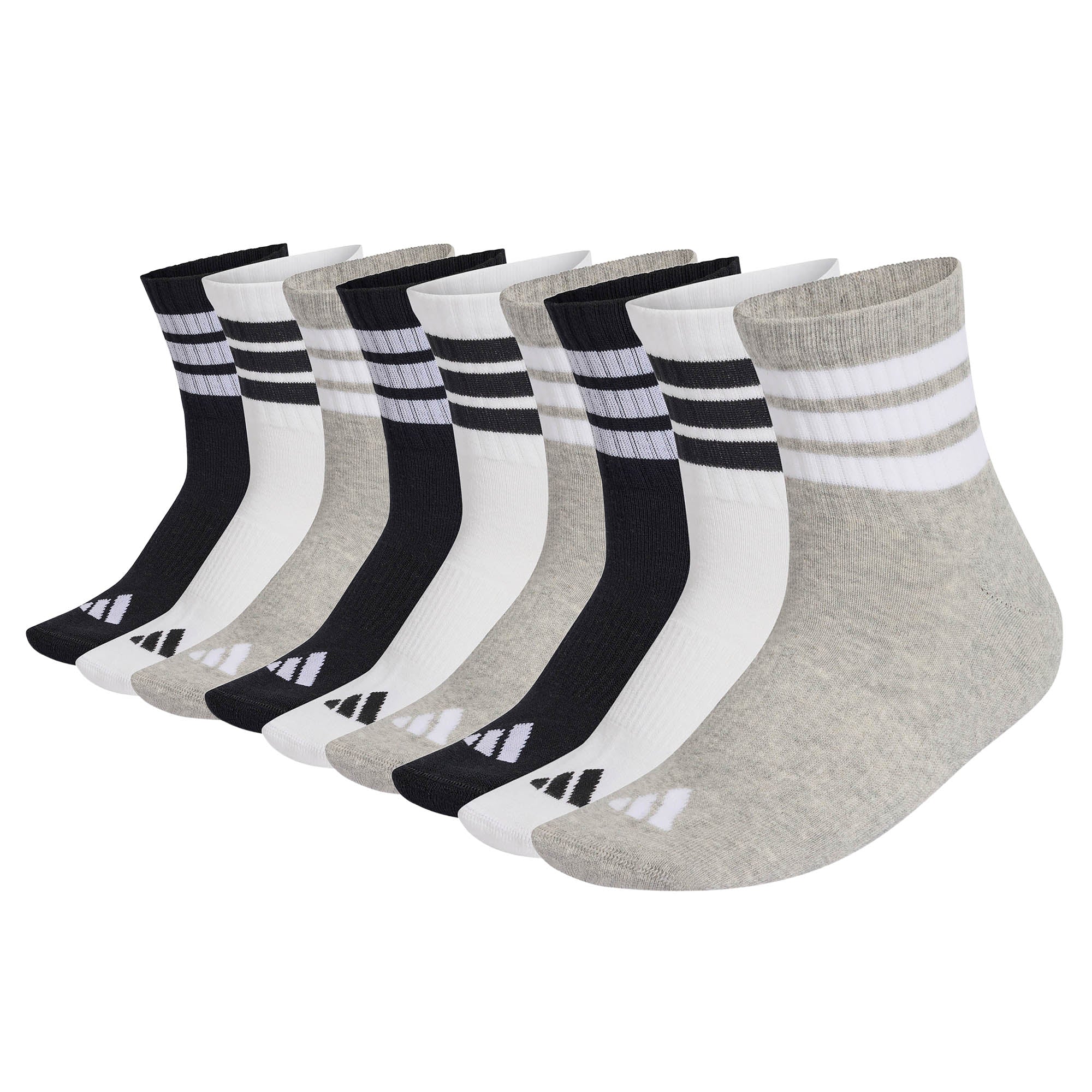 adidas Unisex Quartersocken, 9er Pack - 3-Stripes Cushioned Sportswear Mid-Cut Socks, Logo, Streifen, gepolstert