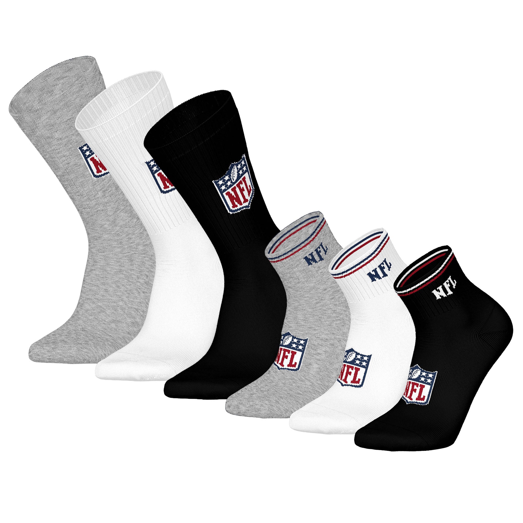 NFL Unisex Socken, 6er Pack - NFL Shield 3Pack Crew Socks, 3Pack Quarter Socks, Streifen, Logo, Baumwollmischung