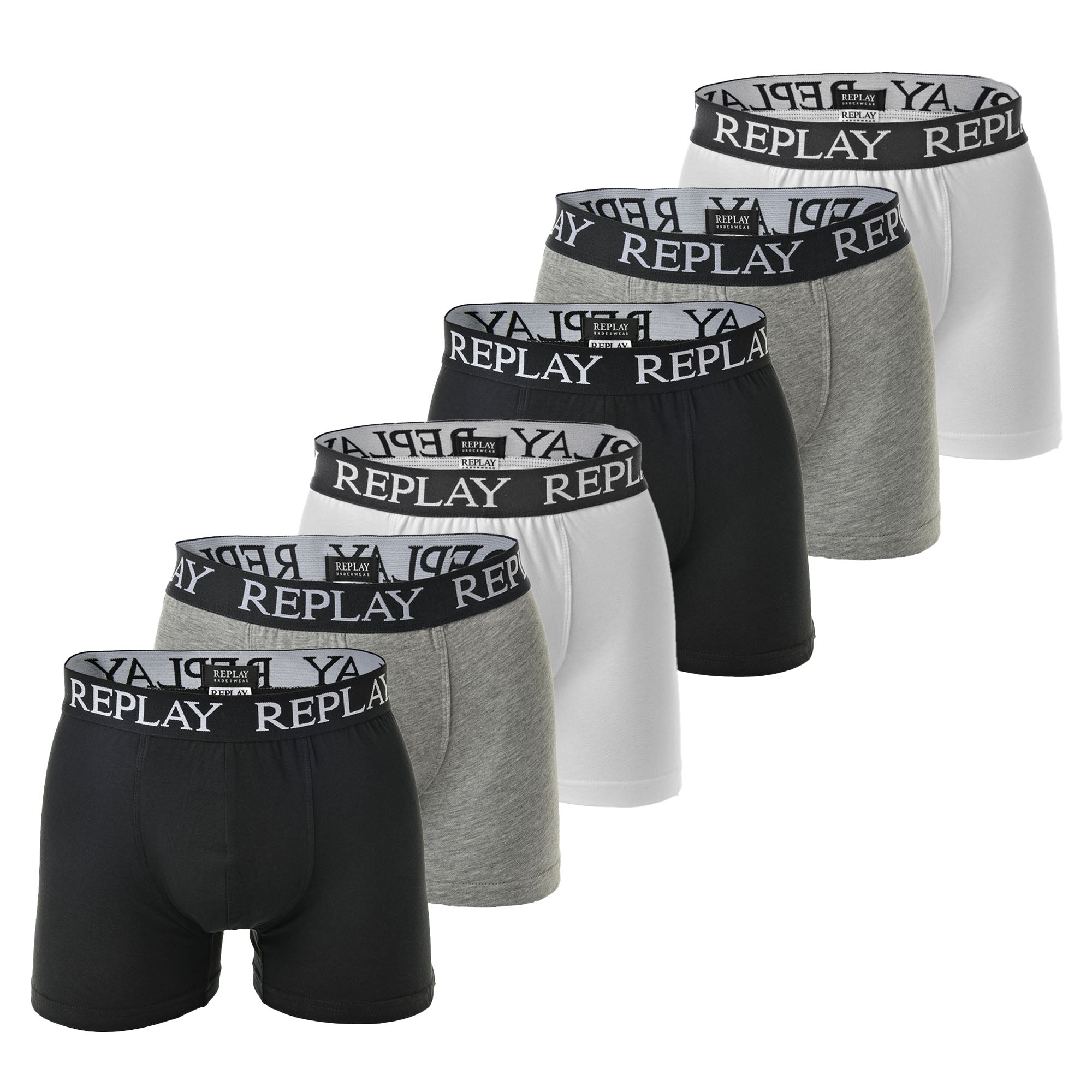 REPLAY Herren Boxershorts, 6er Pack - Unterhosen, Baumwolle, Logo, einfarbig