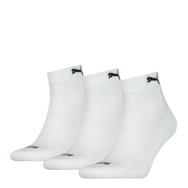 PUMA Unisex Quarter-Socken, 3er Pack - Cushioned, Frottee-Sohle, Logo, einfarbig Weiß 43-46