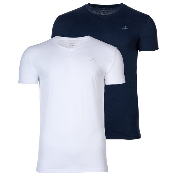 GANT Herren T-Shirt, 2er Pack - V-Ausschnitt, V-Neck, kurzarm, Baumwolle Marine/Weiß S