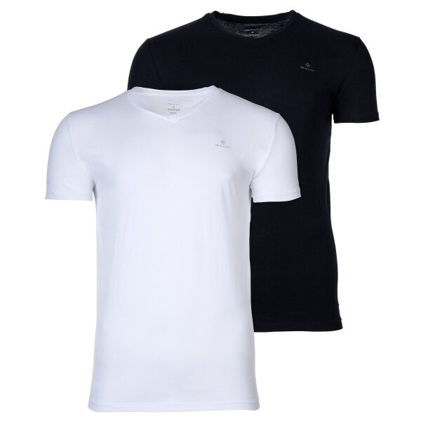 GANT Mens T-shirt, 2-pack - V-neck, V-neck, short-sleeved, cotton Black/White S (Small)