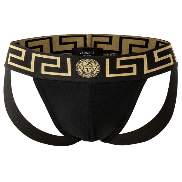 VERSACE Mens Jockstrap - Jocks, Tanga Briefs, Stretch Cotton Black/Gold L (Large)