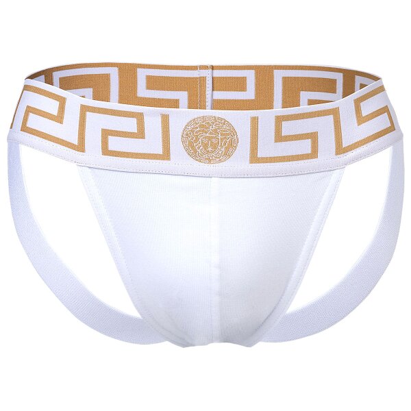 VERSACE Mens Jockstrap - Jocks, Tanga Briefs, Stretch Cotton White/Gold L (Large)