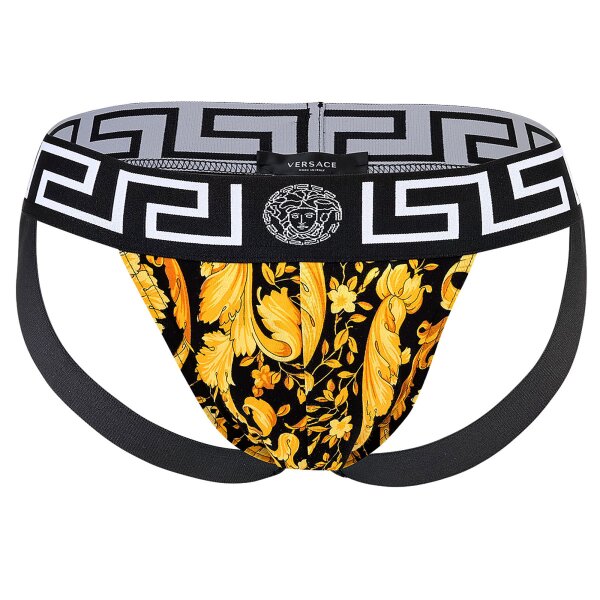 VERSACE Mens Jockstrap - Jocks, Tanga Briefs, Stretch Cotton, Barocco Pattern Black/Gold M (Medium)