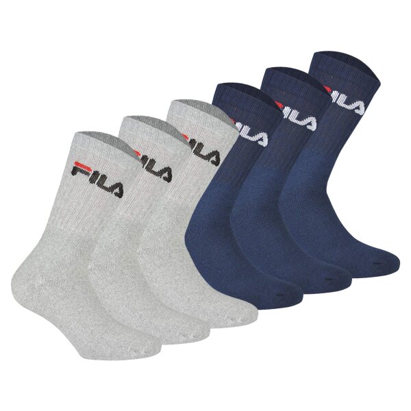 FILA Unisex Socken, 6er Pack - Crew Socks, Frottee, Tennis, Sport (2x 3 Paar) Blau/Grau 43-46