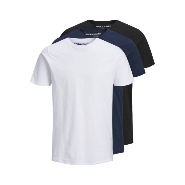 JACK&JONES Herren T-Shirt, 3er Pack - JJEORGANIC BASIC TEE O-NECK, Kurzarm, Bio-Baumwolle Weiß/Marineblau/Schwarz 2XL