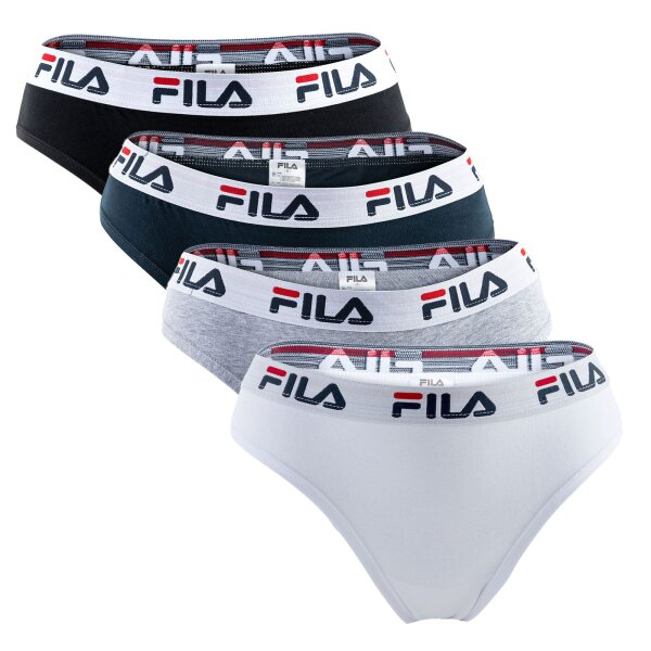 FILA Damen Brazilian Slip - 4er Pack, Logo-Bund, Cotton Stretch, einfarbig Weiß/Schwarz/Grau/Marine S