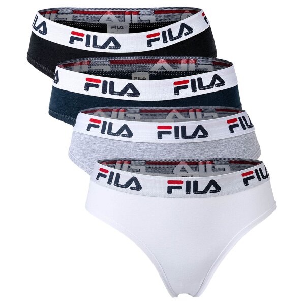 FILA Damen Slip - 4er Pack Briefs, Logo-Bund, Cotton Stretch, einfarbig Weiß/Schwarz/Grau/Marine XS